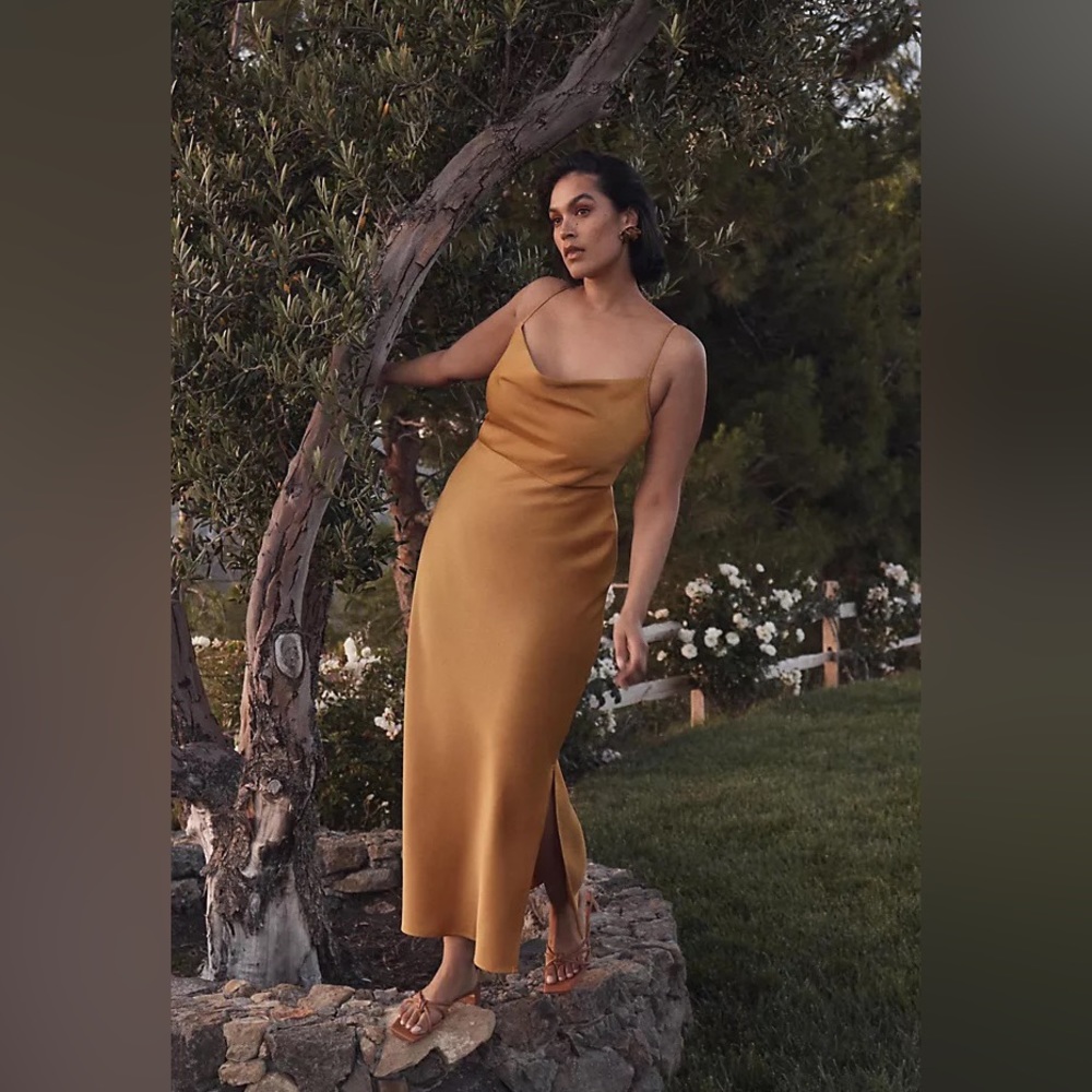 BHLDN CALI SATIN CHARMEUSE MIDI DRESS MUSTARD